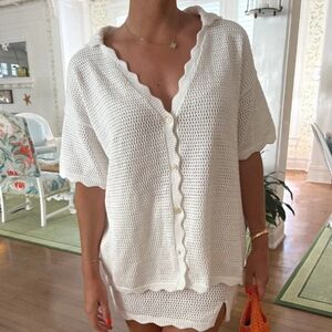 NWT Starfit Ella Shirt White Scallop Crochet Button Down Short Sleeve, Size S/M